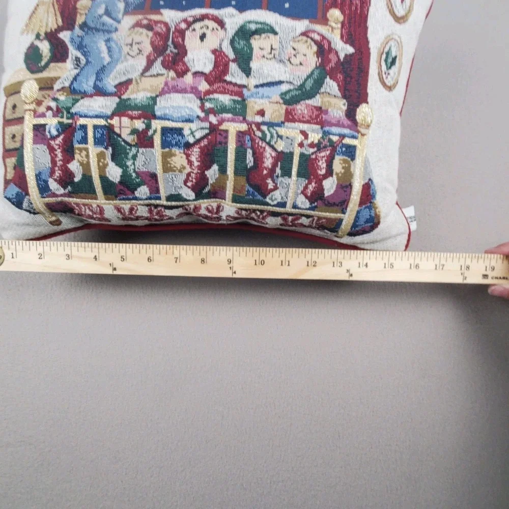 Vintage Tapestry Christmas Decor Pillow Kids in Bed Stockings Santa and Sleigh